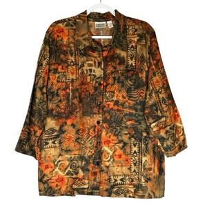 Chicos Design Vintage Sz 3,‎ XL 100% Linen Button Up Blouse Aztec Southwestern